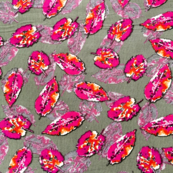 Printed Egyptian Cotton - Cerise Leaves on Grey